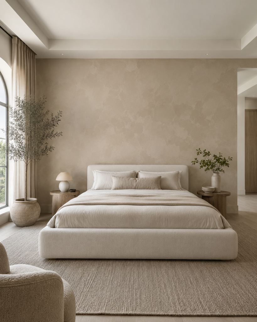 Accent Wall Concept 1 – Limewash Bedroom Wall Soft limewash accent wall with warm mineral texture behind a neutral upholstered bed in a modern bedroom
