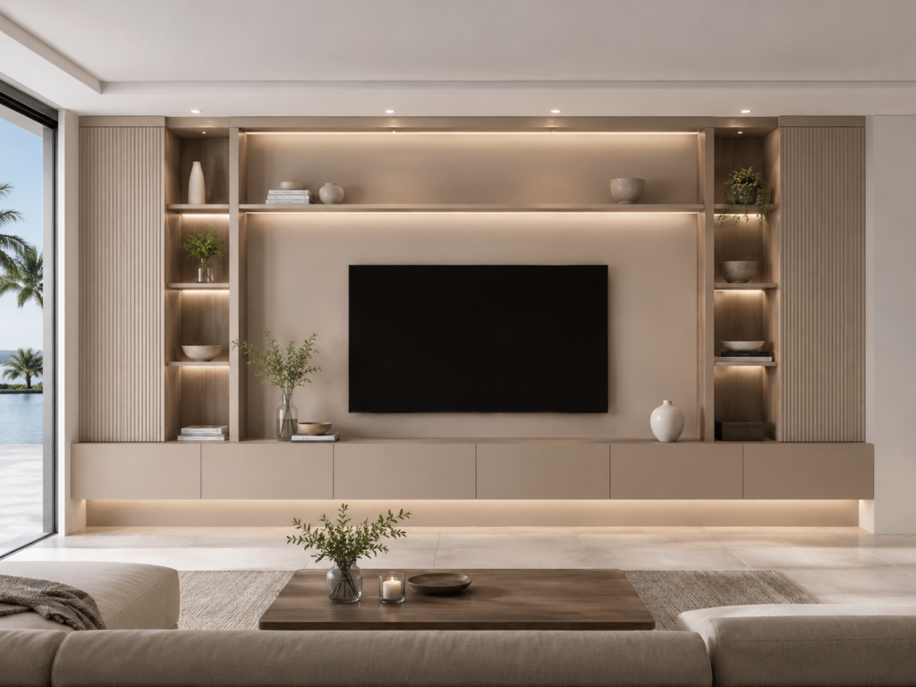 Custom built-in cabinetry concept with floating lower cabinets, open display shelves, vertical wood slat side panels, TV-ready layout, and modern minimalist media wall design Minimal Floating Built-In Cabinetry Concept
