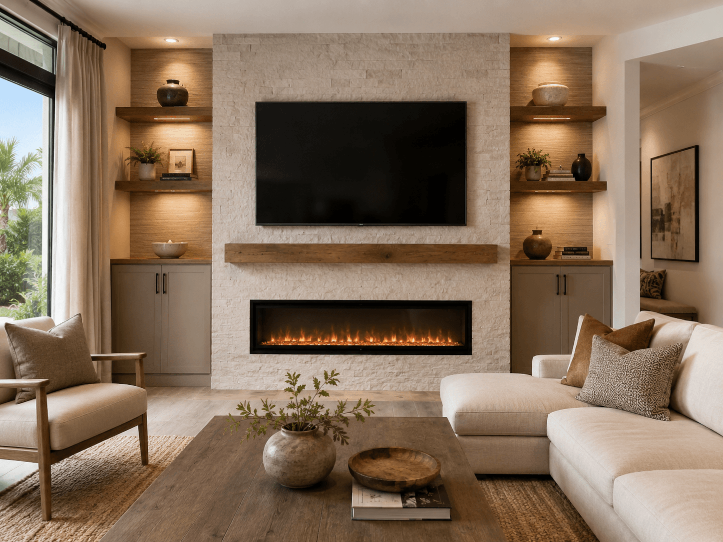 Modern Fireplace Wall in a Cozy Interior Modern fireplace wall design in a cozy interior with a sleek built-in feature and warm contemporary styling.