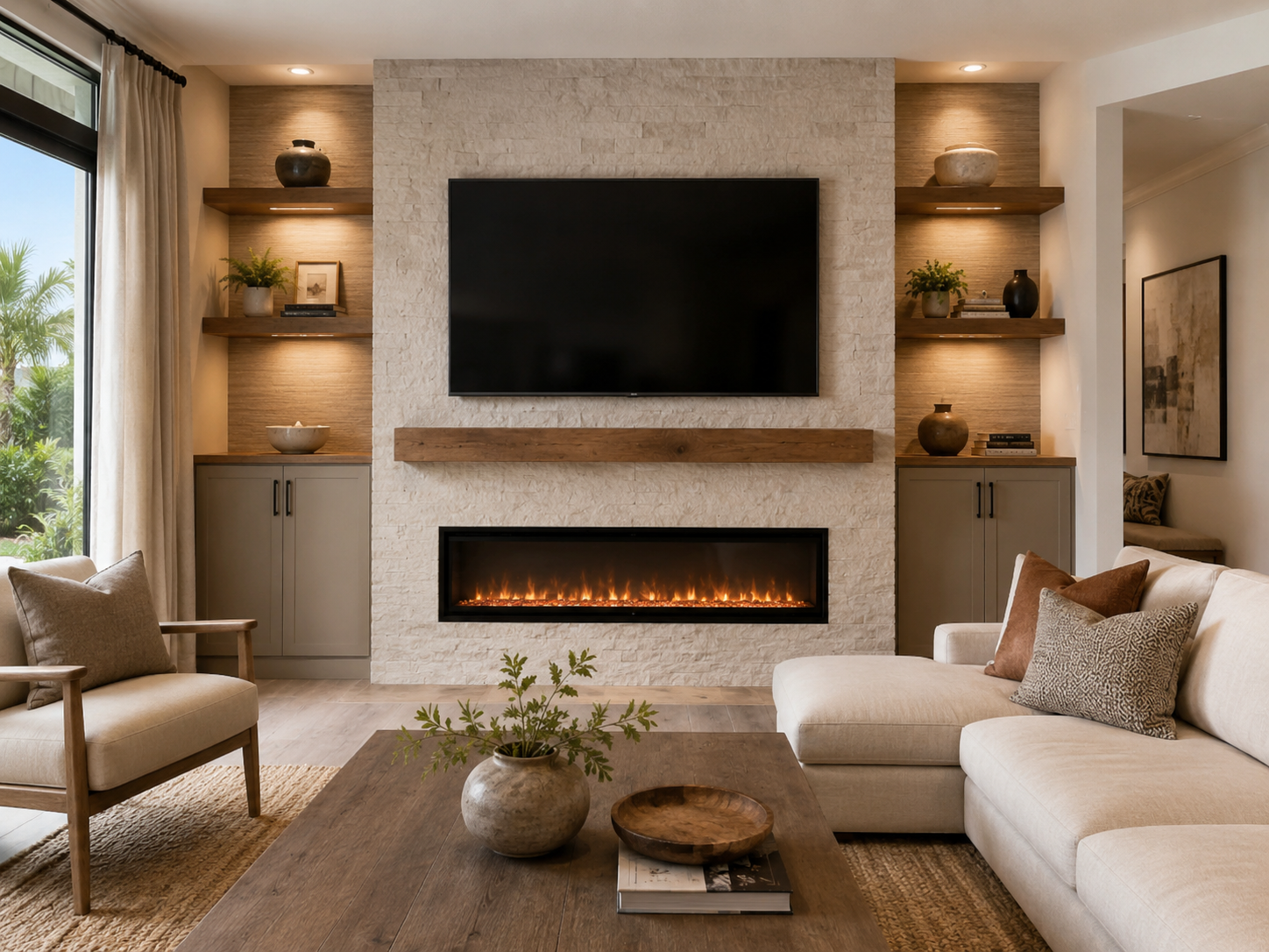 Modern fireplace wall design in a cozy interior with a sleek built-in feature and warm contemporary styling.