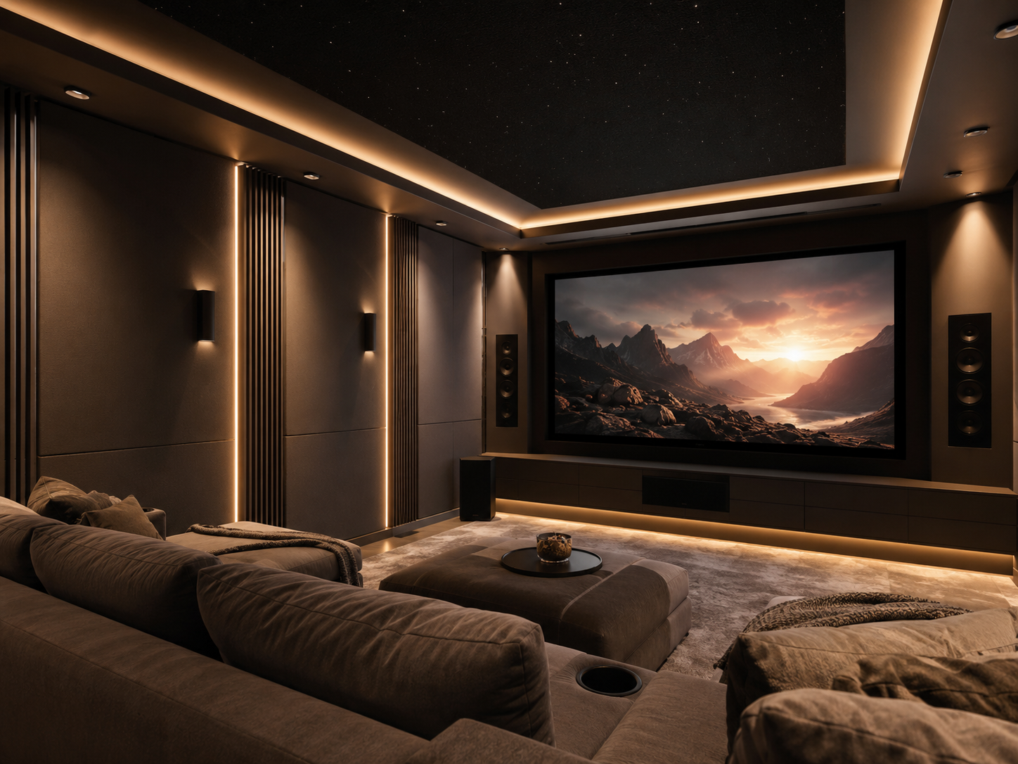 Modern home theater room with built-in media wall, comfortable seating, and warm ambient lighting.