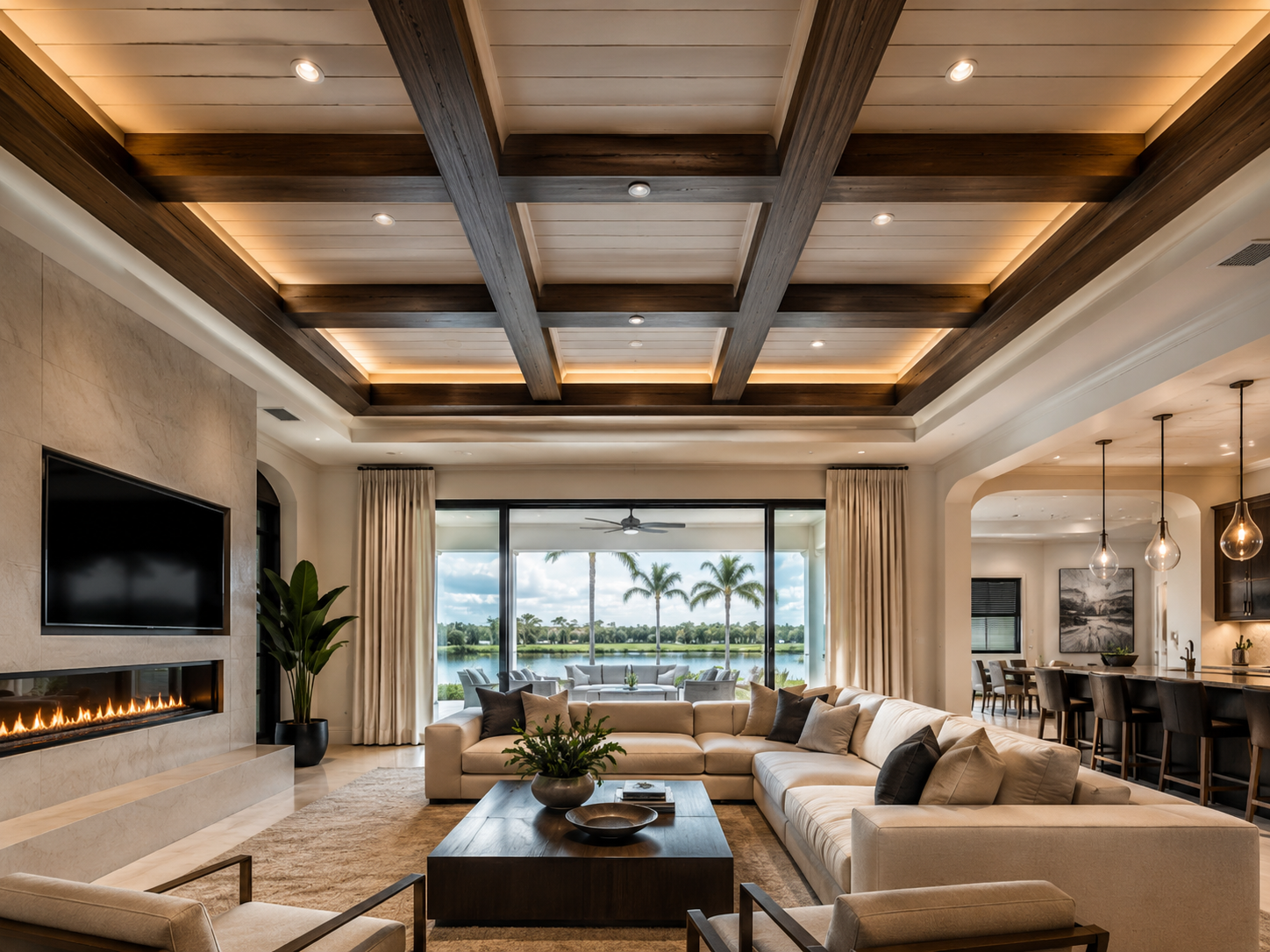 Custom media wall pricing page showing ceiling feature pricing for wood beam ceilings, recessed lighting, and luxury ceiling designs