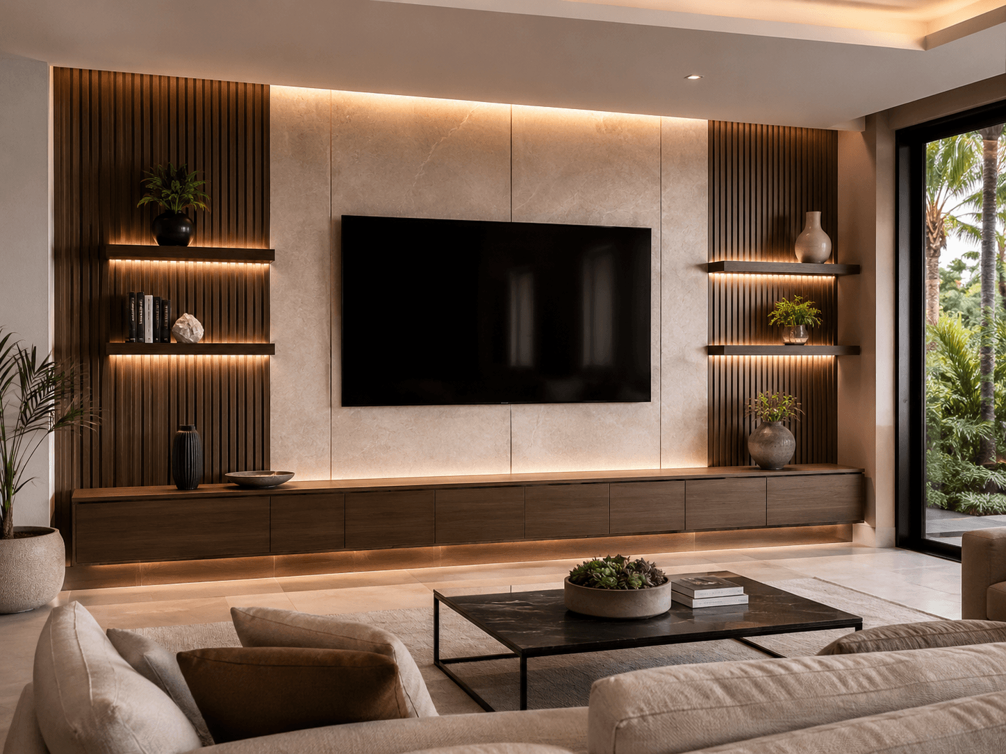 Modern Minimalist Living Room Design (2) Custom media wall pricing for TV media walls with built-in cabinets, floating shelves, LED lighting, and modern entertainment wall design