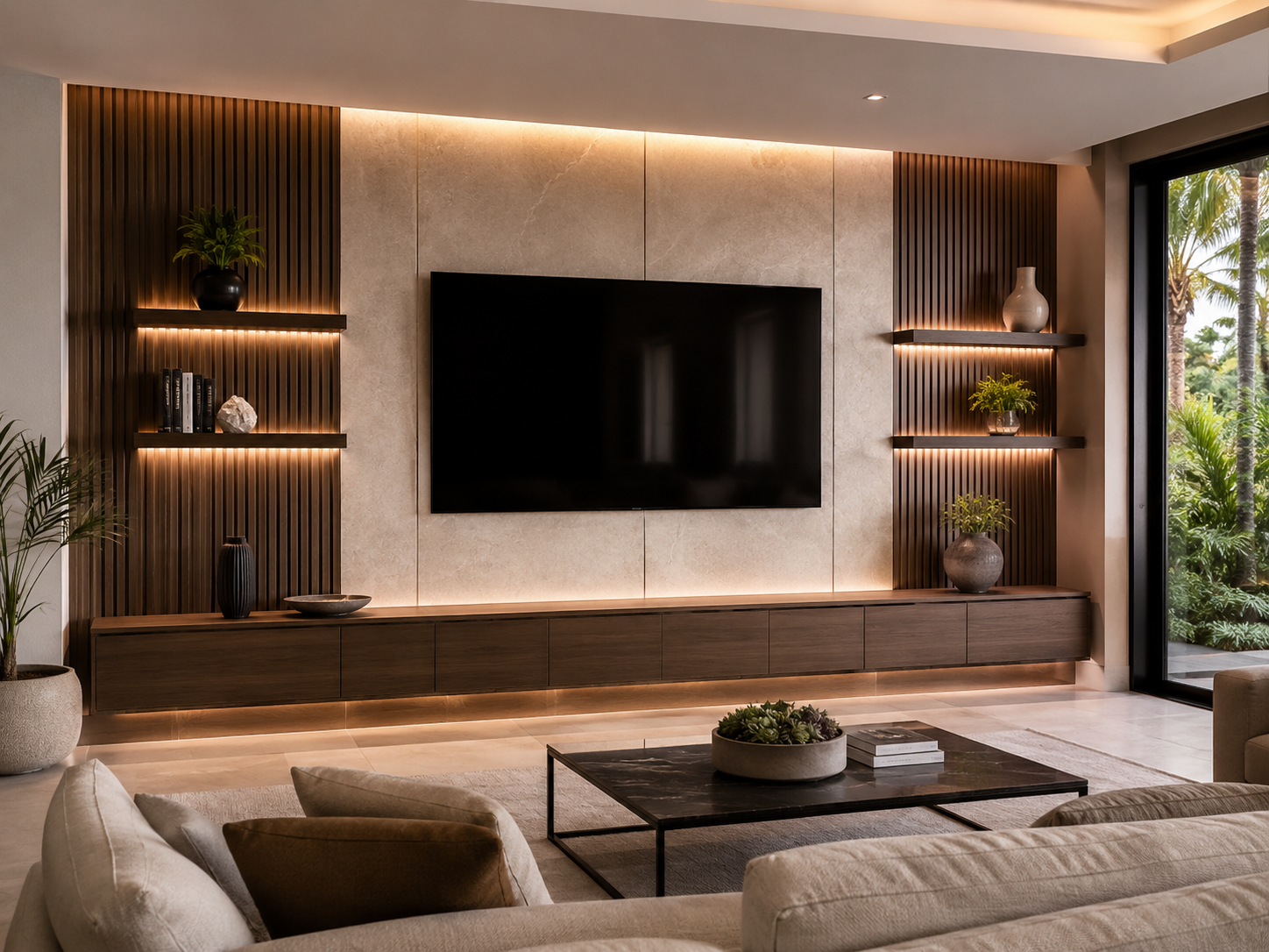Custom media wall pricing for TV media walls with built-in cabinets, floating shelves, LED lighting, and modern entertainment wall design