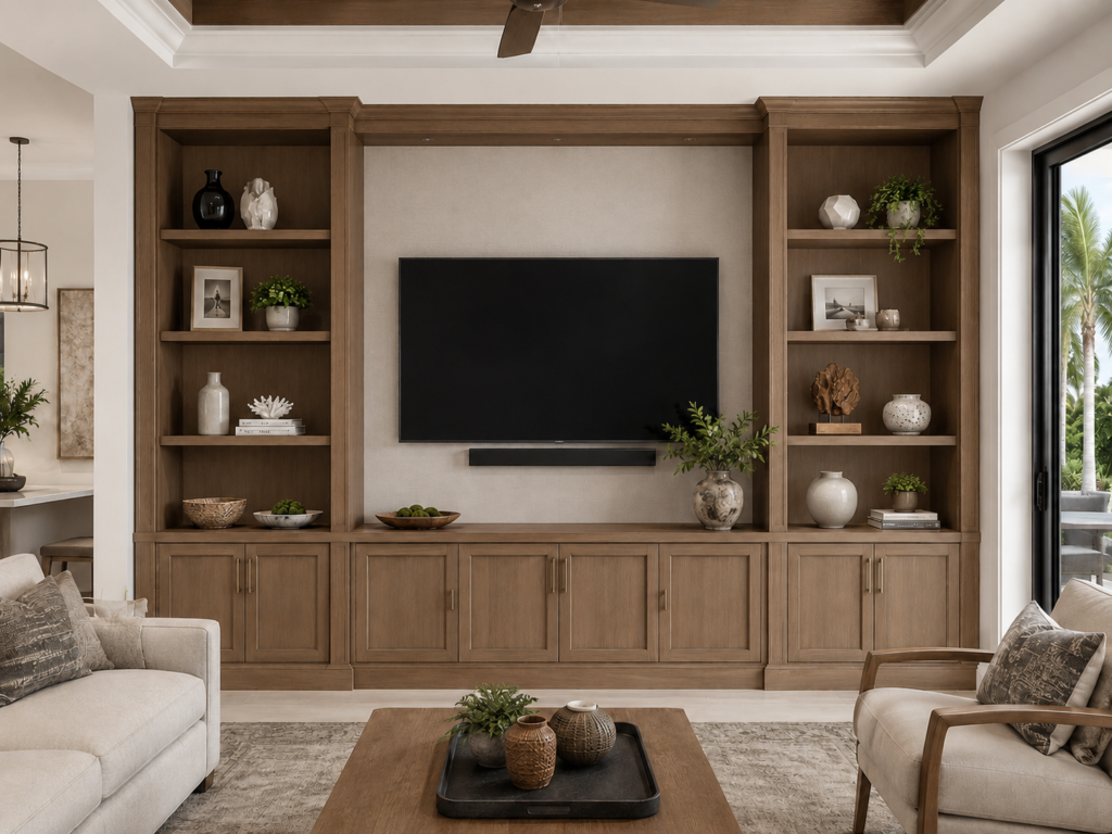 Wood Entertainment Center Built-Ins Custom built-in cabinetry concept with stained wood entertainment center, lower storage cabinets, open display shelves, and TV-ready center panel