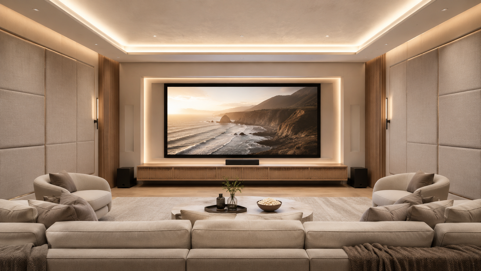Modern home theater room with acoustic-style wall panels, large projection screen, warm LED lighting and built-in media console