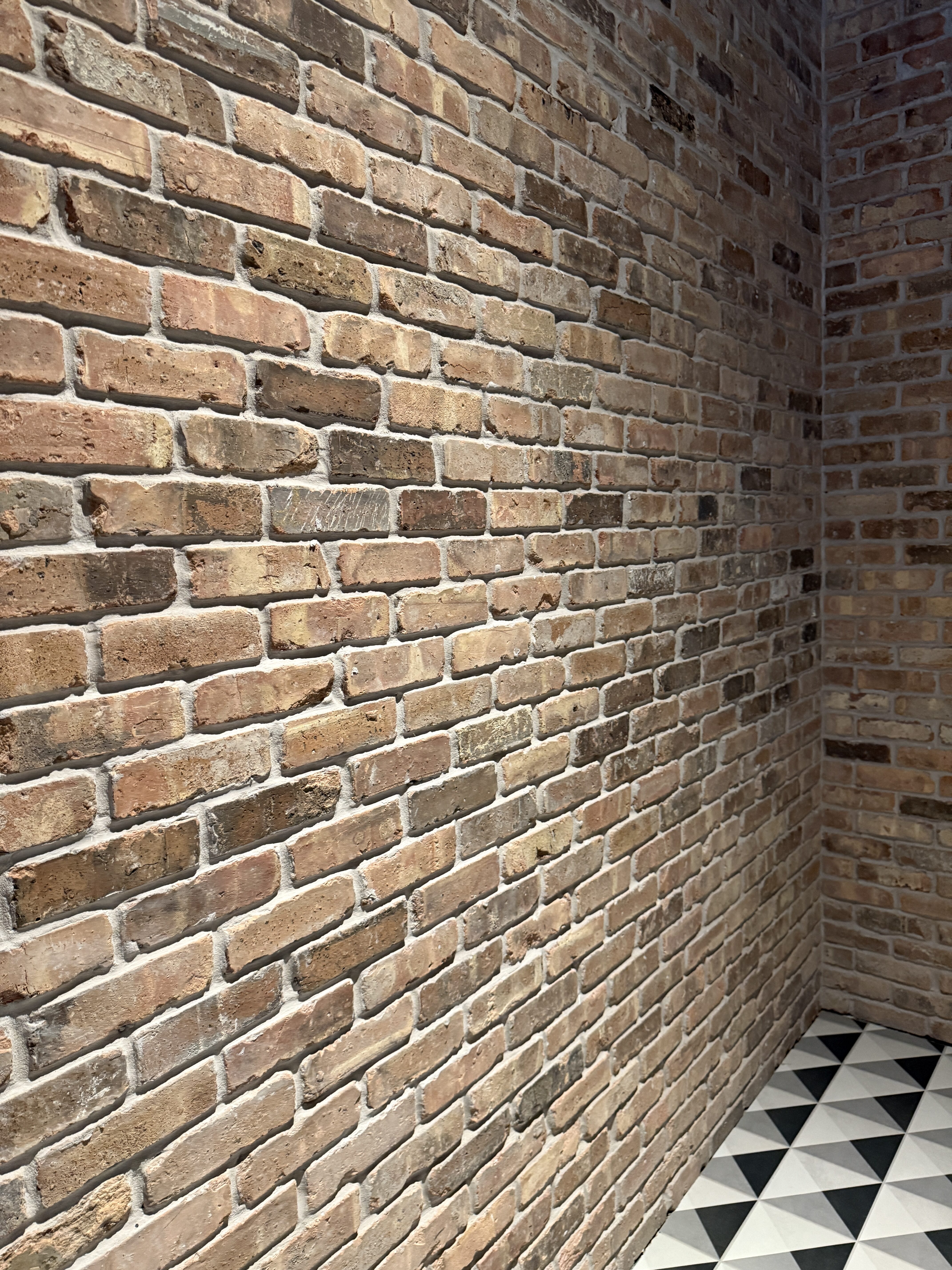 Rustic brick accent wall with aged brick texture, warm earth tones, and exposed masonry finish