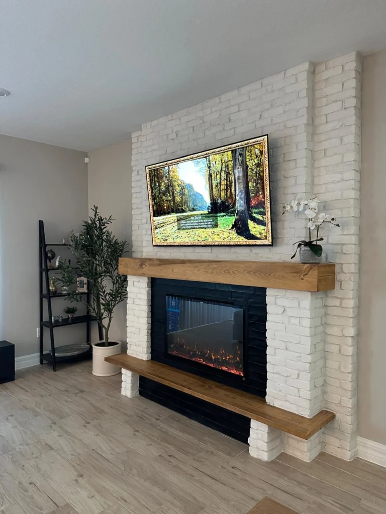 Completed white brick fireplace wall design