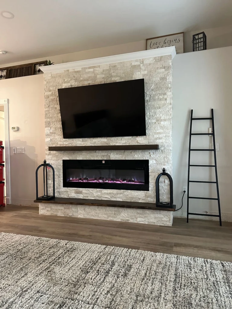 Light stone fireplace wall Melbourne FL with modern TV media wall design