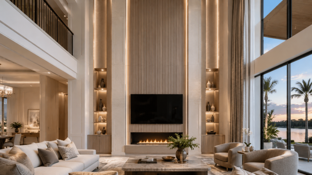 Floor-to-ceiling entertainment wall with integrated lighting in a luxury Naples home