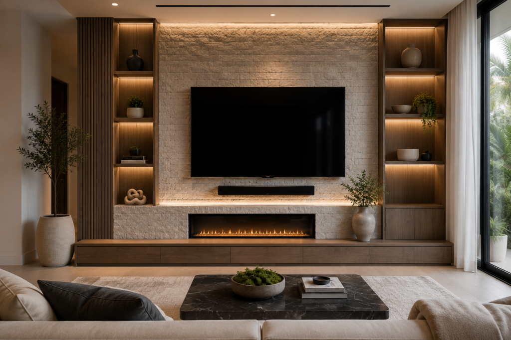 Stone and wood TV media wall with built-in shelving and warm integrated lighting