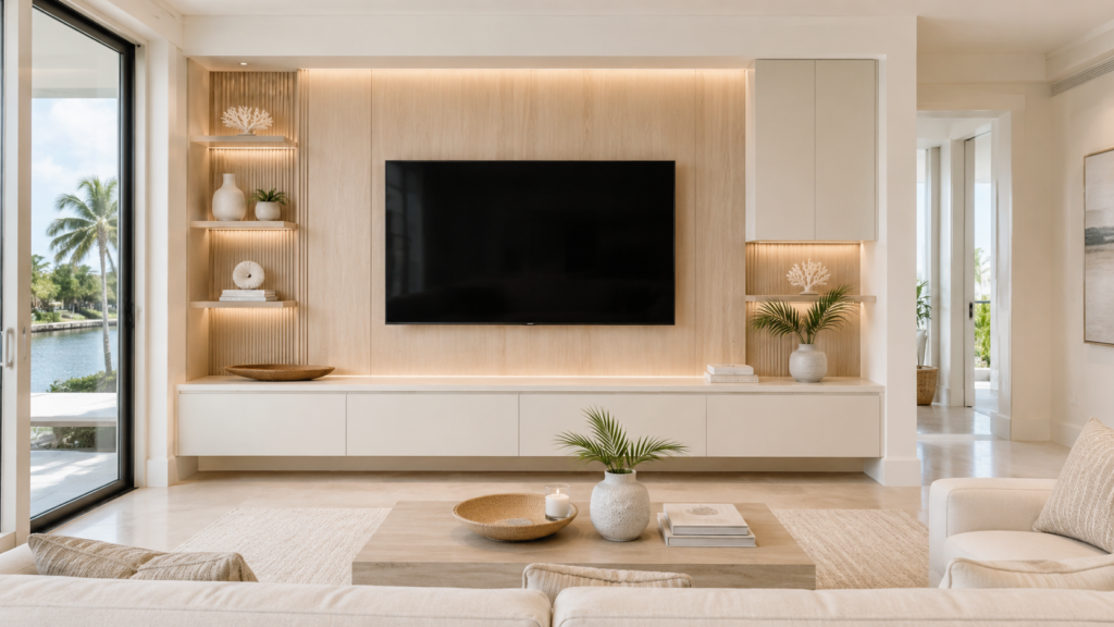 Coastal minimal TV media wall with light wood finishes and floating cabinetry in Naples