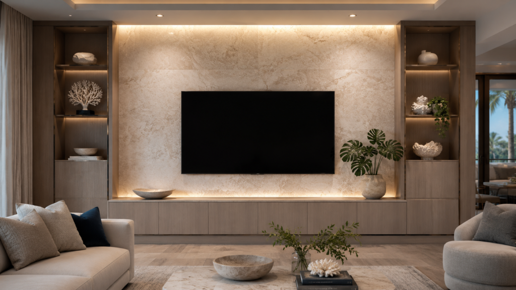 Luxury stone feature wall with mounted TV, custom cabinetry, and accent lighting