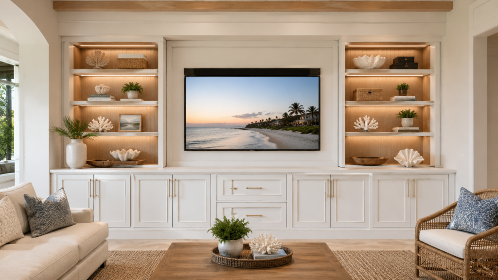 Custom TV media wall with built-in cabinetry, shelving, and concealed storage
