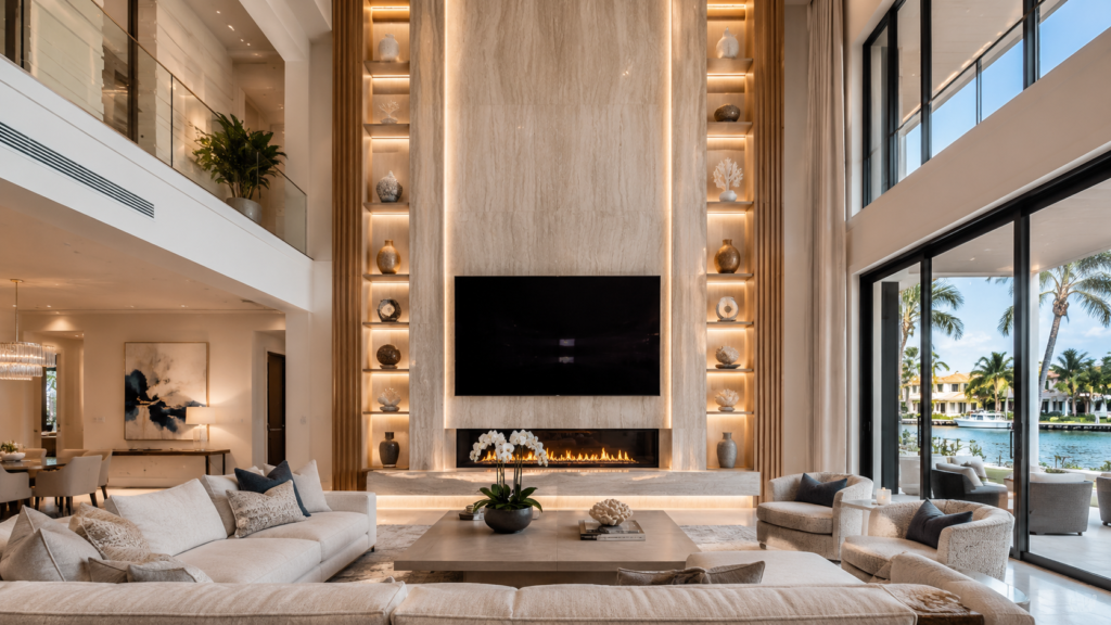 Luxury floor-to-ceiling custom TV media wall designed for a tall Naples living room
