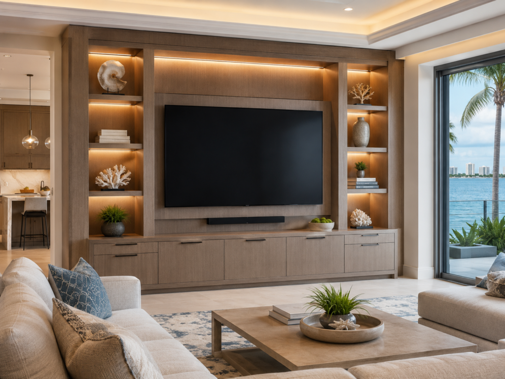 Luxury TV Media Wall in Naples Area Luxury coastal TV media wall with custom cabinetry and illuminated shelves in a Naples home