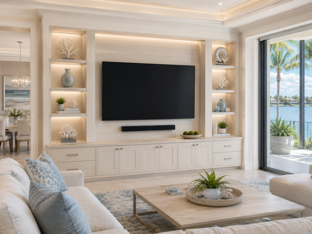 Custom TV Media Wall in Tampa Area Custom TV media wall with built-in cabinets and LED lighting in a Tampa area home