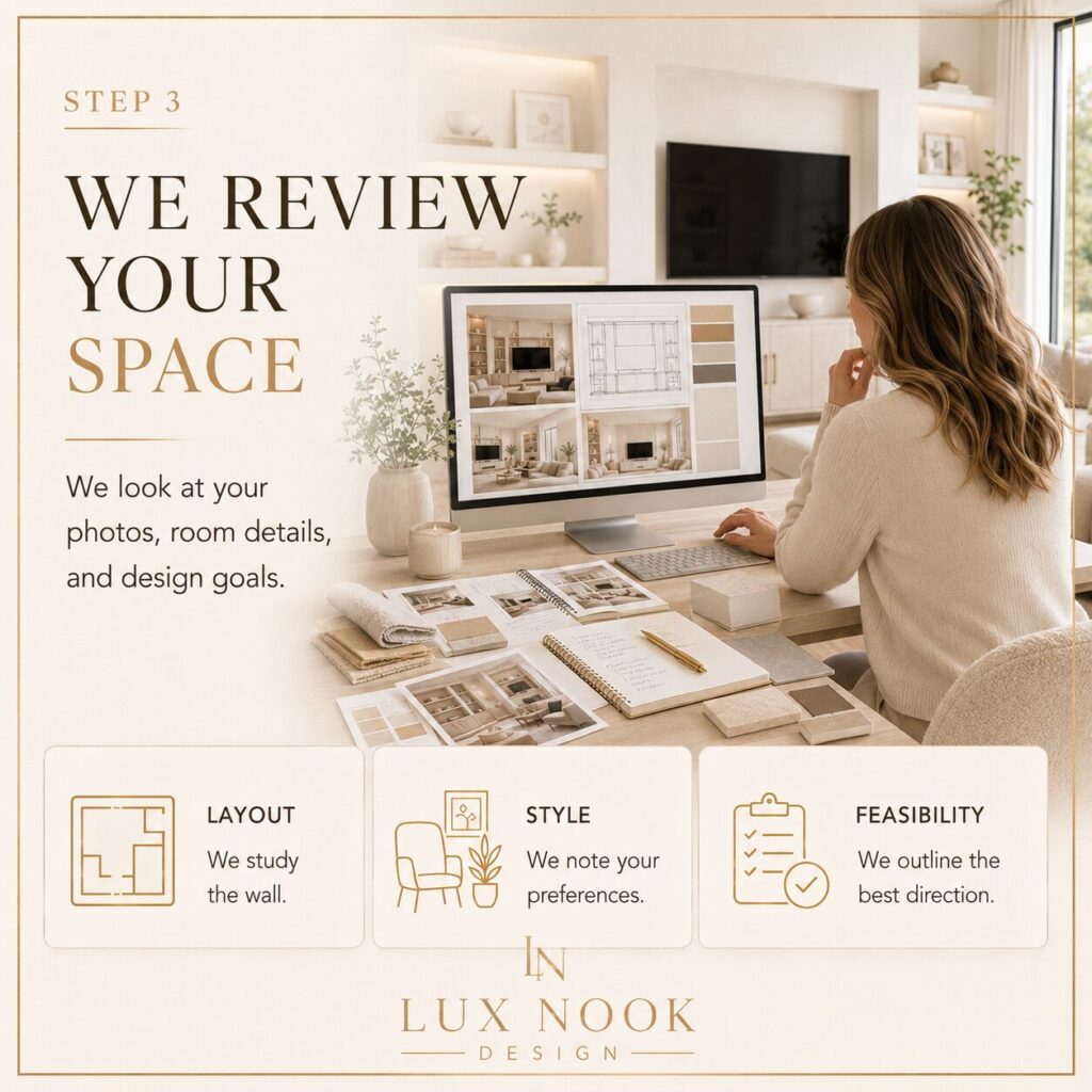 Lux Nook Design reviewing wall photos, room details, and project goals