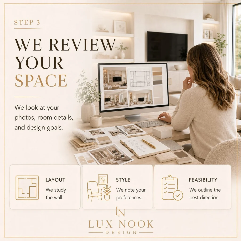 We Review Your Space Lux Nook Design reviewing wall photos, room details, and project goals