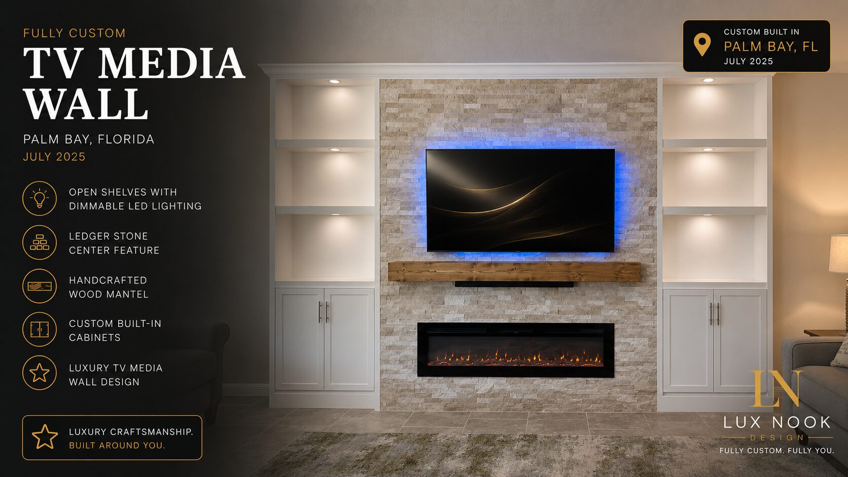 Classic stone fireplace wall designed with stacked stone finish, recessed TV layout, floating wood mantel, built-in shelving, lower storage cabinets, LED accent lighting, and a modern linear electric fireplace.