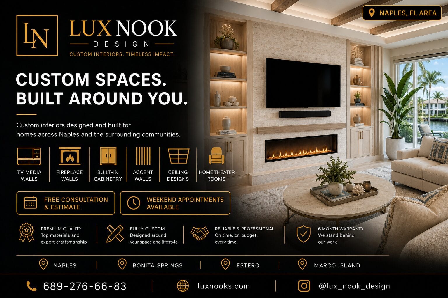 Custom Media Walls in Naples FL by Lux Nook Design with fireplace, built-in cabinetry, shelving, and LED lighting