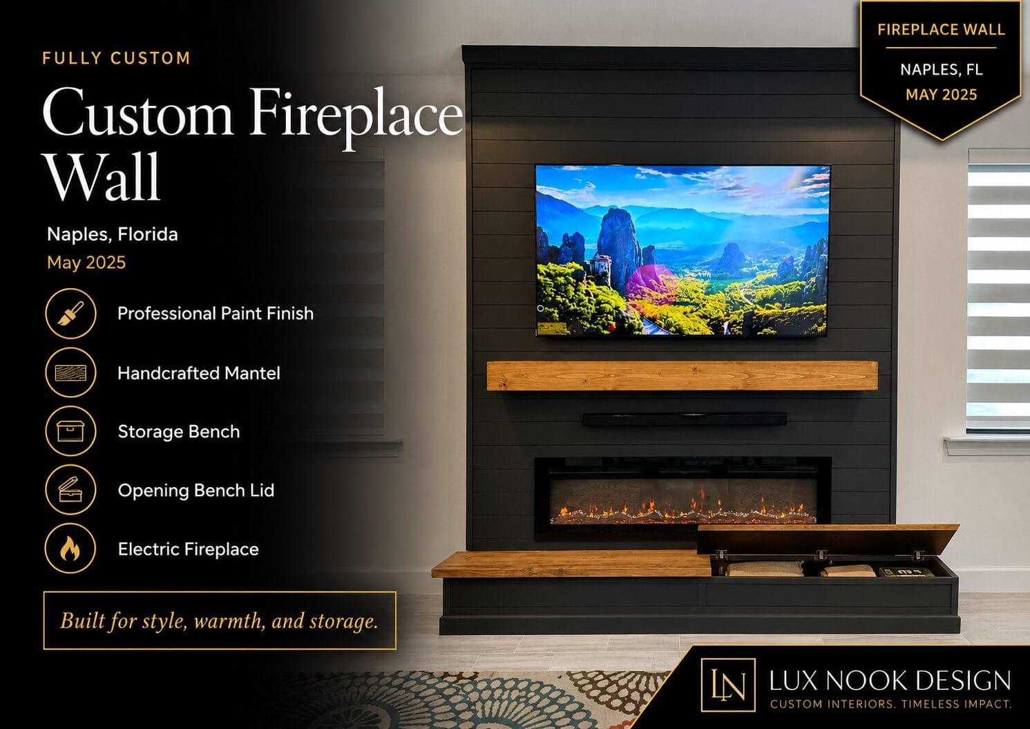 Custom fireplace wall project in Naples FL by Lux Nook Design with black shiplap, handcrafted wood mantel, electric fireplace, and opening storage bench