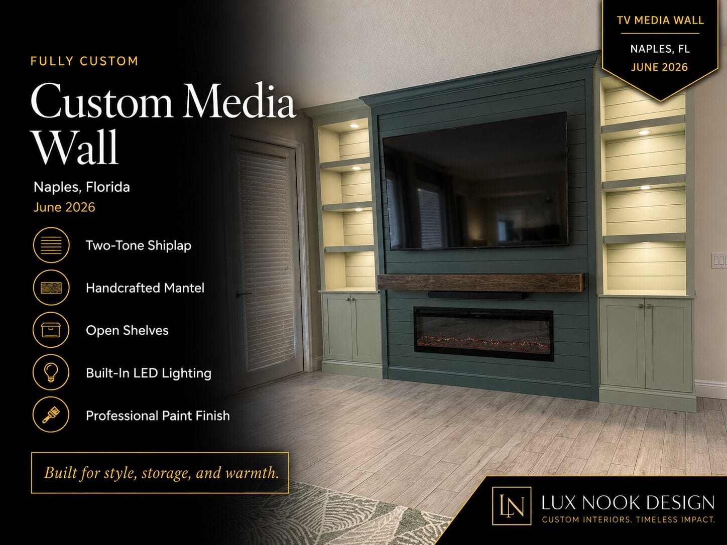 Custom Media Walls in Naples FL by Lux Nook Design featuring two-tone shiplap, built-in cabinets, open shelves, LED lighting, and a handcrafted wood mantel