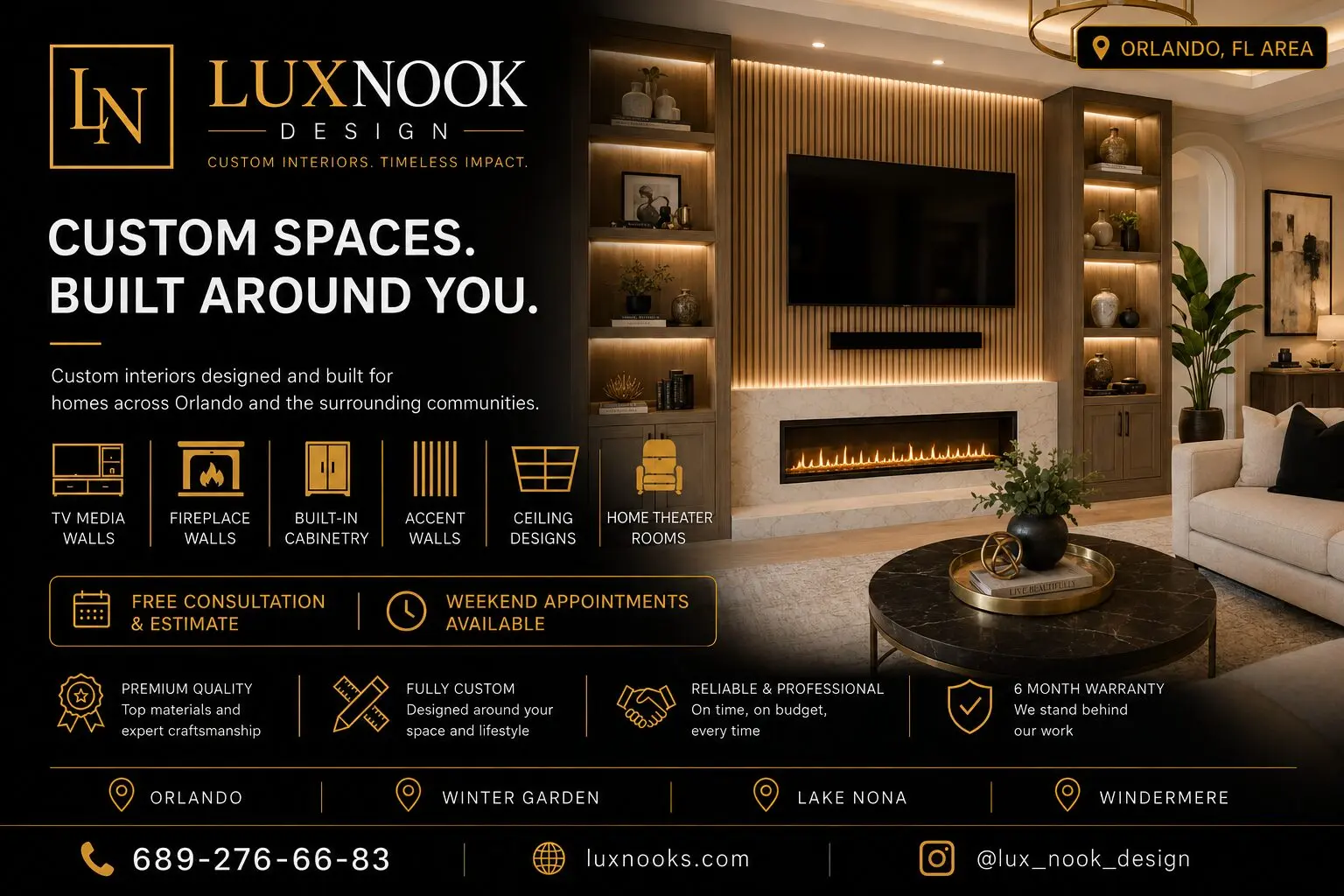 custom-media-walls-in-orlando-fl-lux-nook-design.jpg Custom media walls in Orlando FL by Lux Nook Design featuring a modern fireplace wall, built-in cabinetry, accent lighting, and custom interior finishes