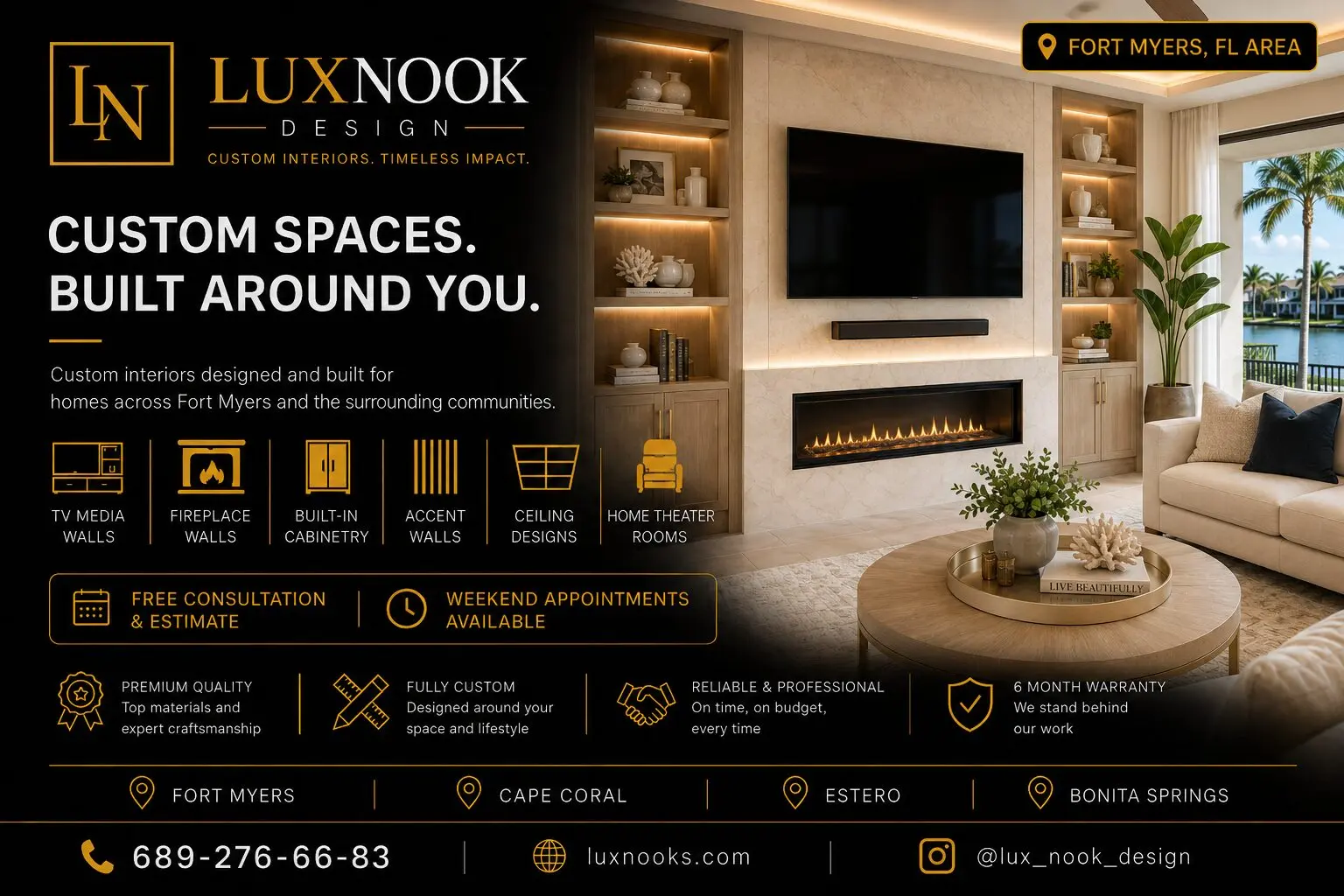 Custom Media Walls in Fort Myers FL by Lux Nook Design featuring a modern fireplace, built-in cabinetry, open shelves, LED lighting, and custom finishes
