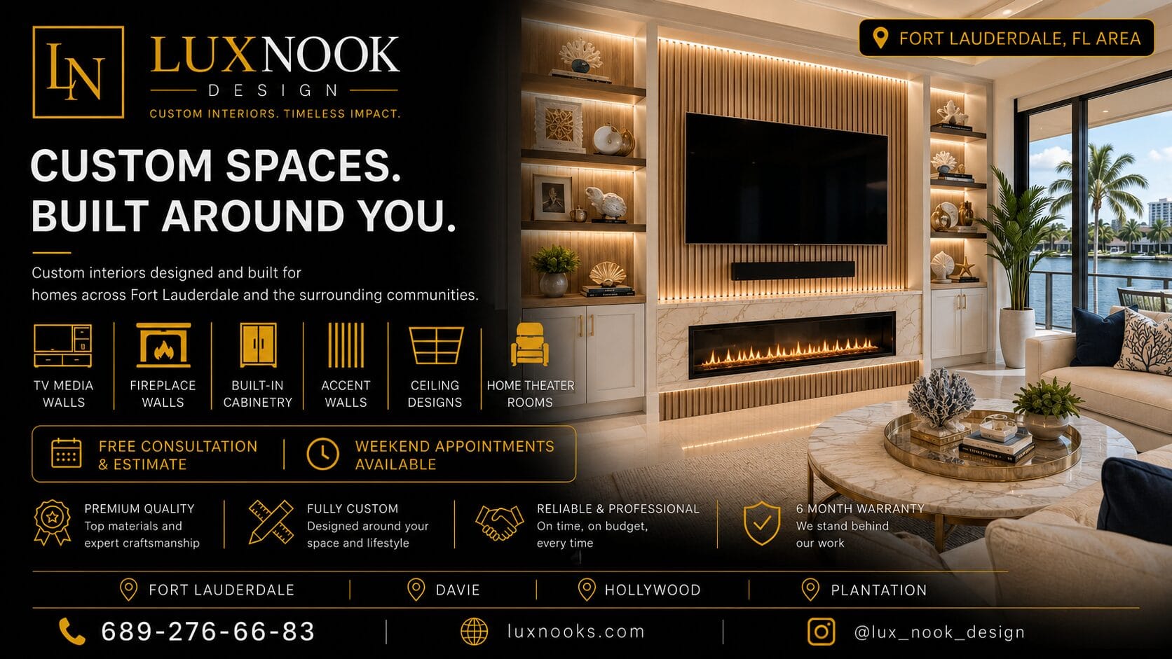 custom-media-walls-in-fort-lauderdale-fl-lux-nook-design.jpg Custom Media Walls in Fort Lauderdale FL by Lux Nook Design featuring a fireplace, built-in cabinetry, wood slat panels, LED lighting, and custom finishes