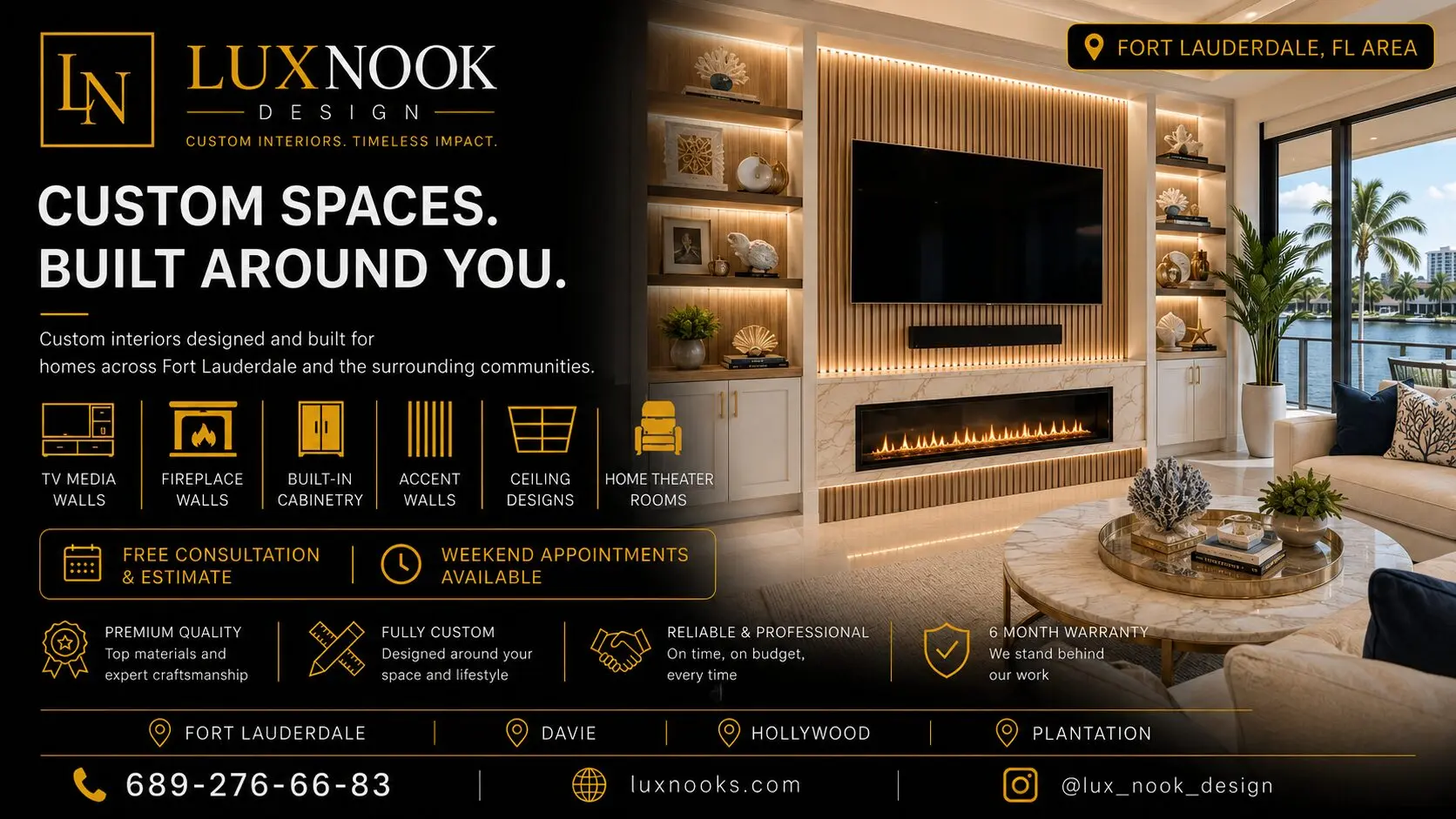Custom Media Walls in Fort Lauderdale FL by Lux Nook Design featuring a fireplace, built-in cabinetry, wood slat panels, LED lighting, and custom finishes