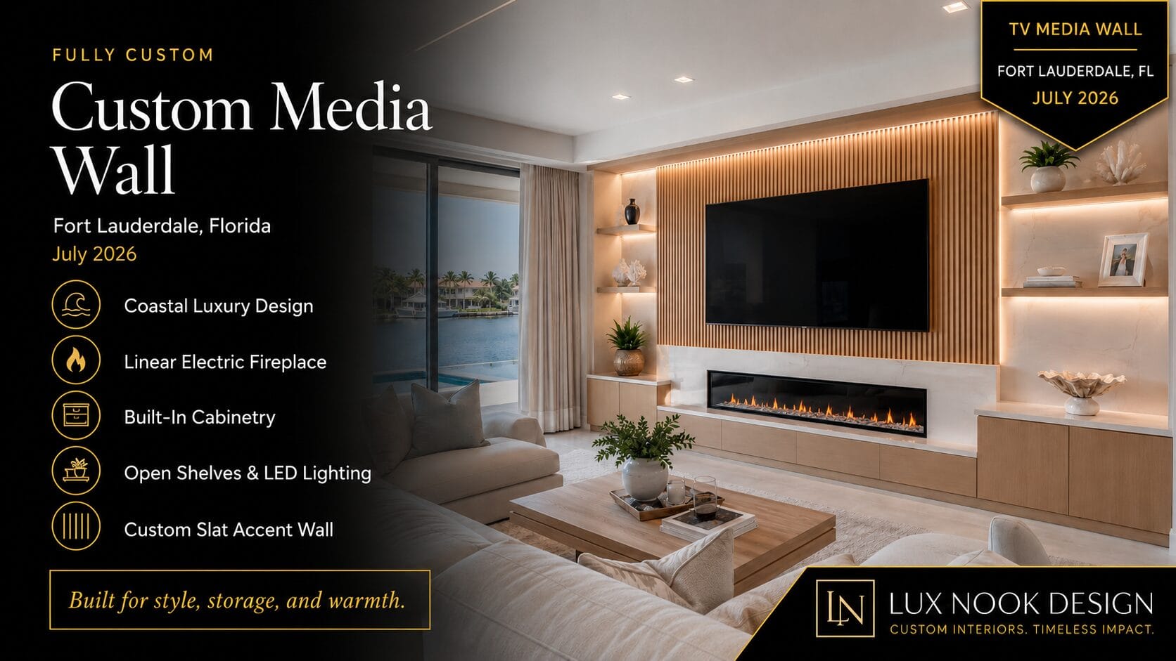 custom-media-wall-concept-fort-lauderdale-fl-coastal-design.jpg Custom media wall concept in Fort Lauderdale FL with wood slat panels, linear fireplace, built-in cabinetry, open shelves, and LED lighting