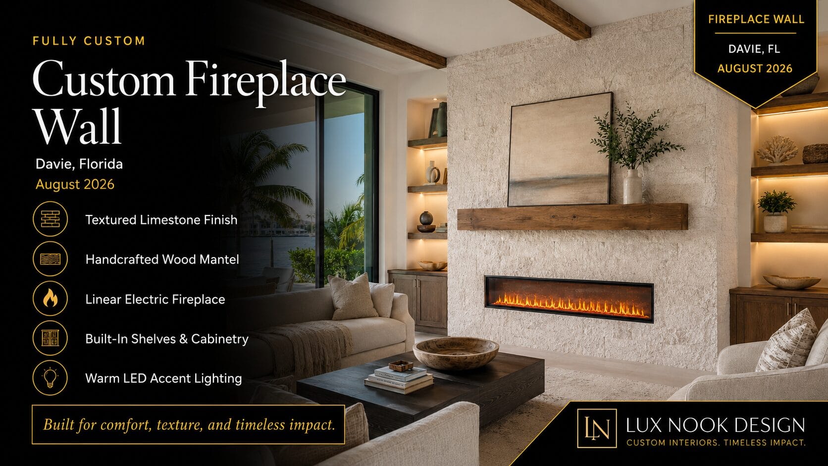 custom-fireplace-wall-concept-davie-fl-textured-limestone.jpg Custom fireplace wall concept near Fort Lauderdale FL with textured limestone, handcrafted wood mantel, built-in cabinetry, and LED lighting