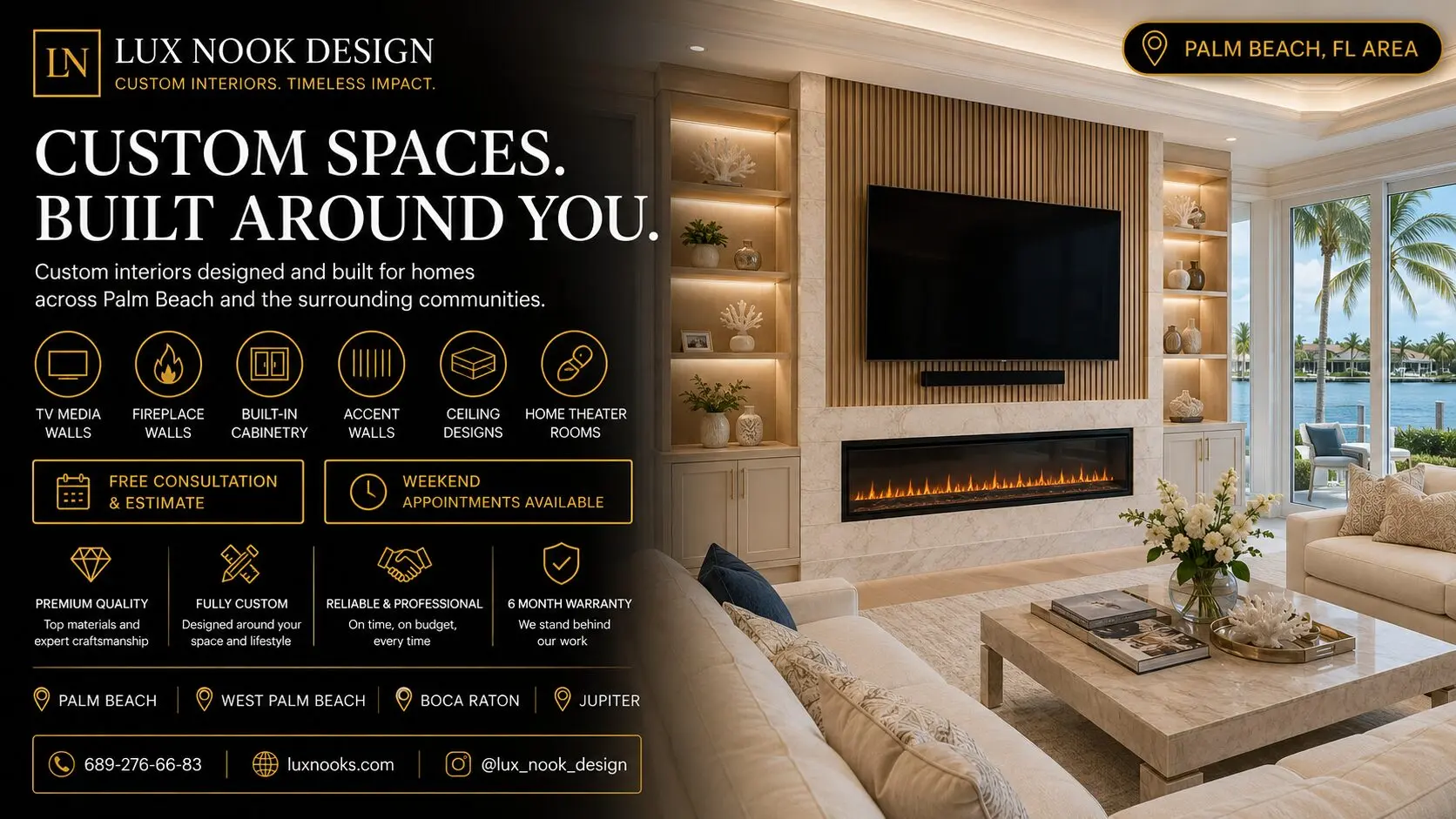 custom-media-walls-in-palm-beach-fl-lux-nook-design.jpg Custom Media Walls in Palm Beach FL by Lux Nook Design featuring a fireplace wall, built-in cabinetry, accent lighting, and custom interior finishes