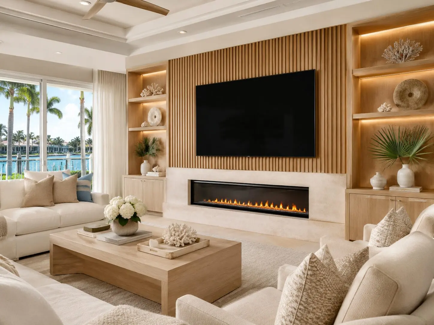 custom-media-wall-concept-palm-beach-fl-coastal-design.jpg Custom media wall concept in Palm Beach FL with wood slat panels, built-in cabinetry, open shelving, LED lighting, and a linear fireplace