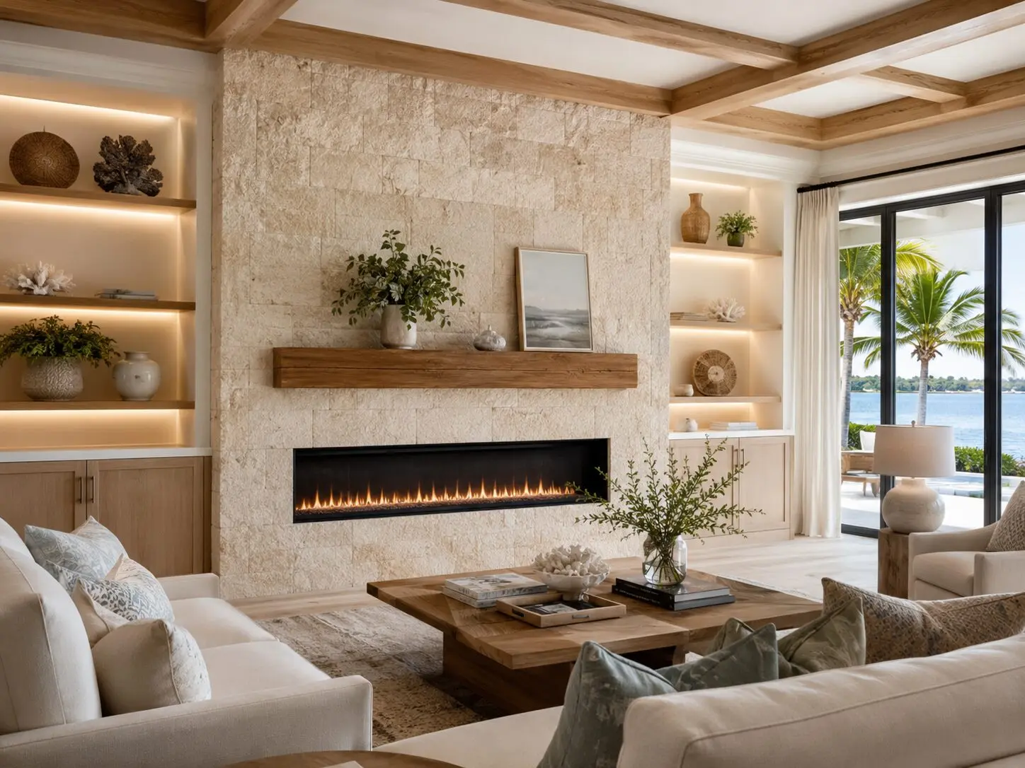 custom-fireplace-wall-concept-palm-beach-fl-limestone-design.jpg Custom fireplace wall concept in Palm Beach FL with limestone finish, handcrafted wood mantel, built-in shelving, and a linear electric fireplace