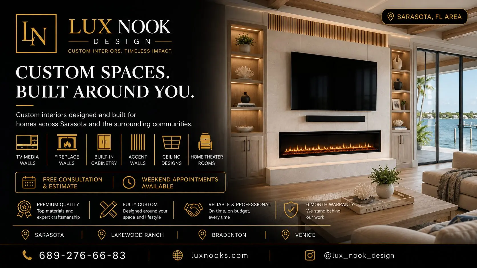Custom Media Walls in Sarasota FL by Lux Nook Design featuring a fireplace wall, built-in cabinetry, LED lighting, custom storage, and premium interior finishes