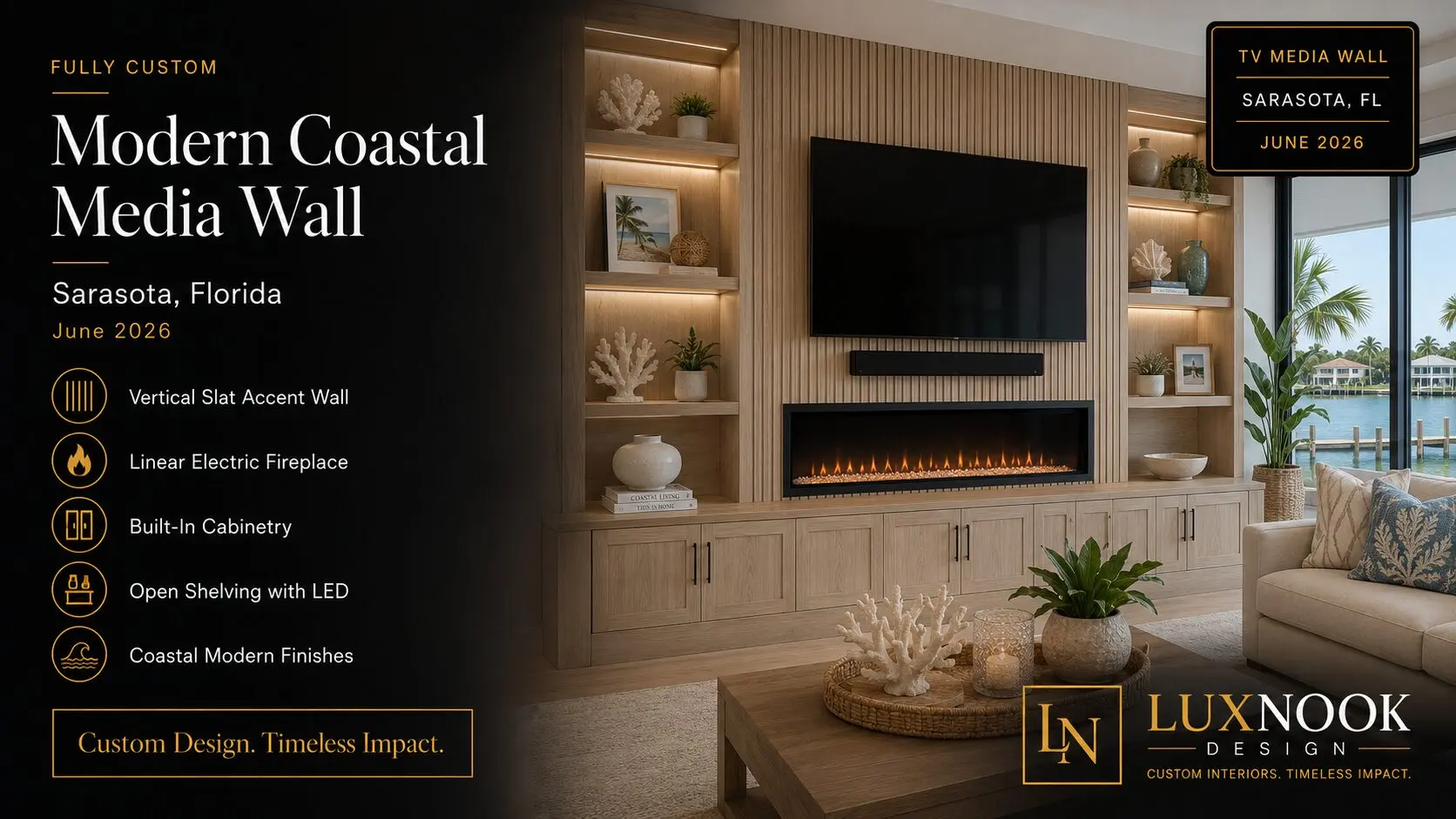 Custom media wall concept in Sarasota FL with vertical wood slats, linear electric fireplace, built-in cabinetry, open shelves, and LED lighting