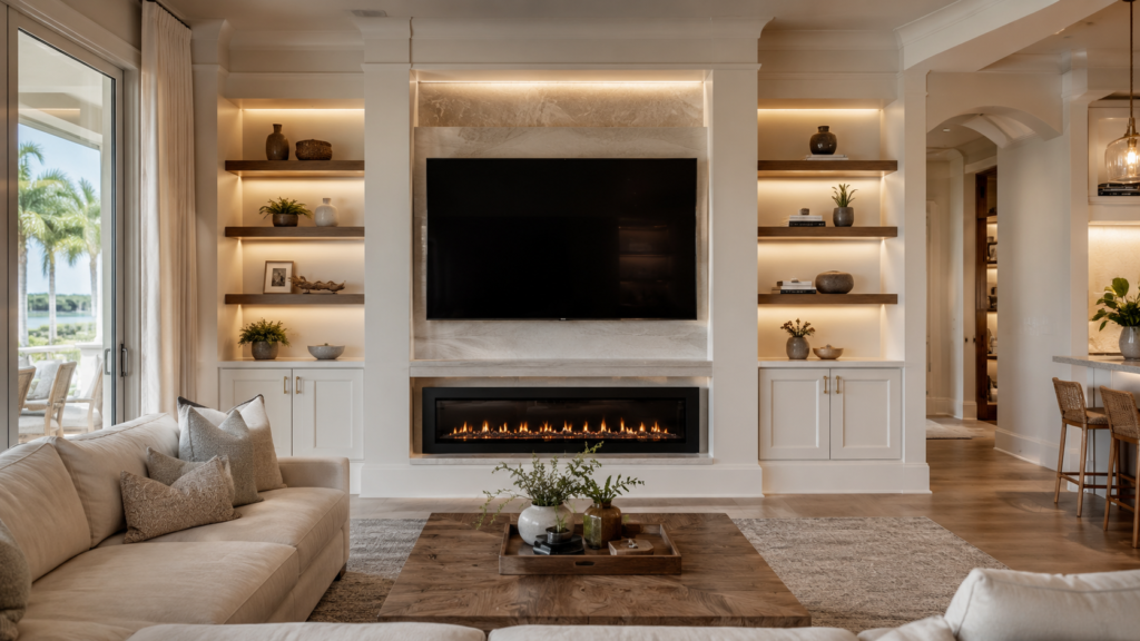 Custom Media Wall Designed for a Tampa Home Custom TV media wall in Tampa designed around the room with built-in cabinets, floating shelves, lighting, and electric fireplace