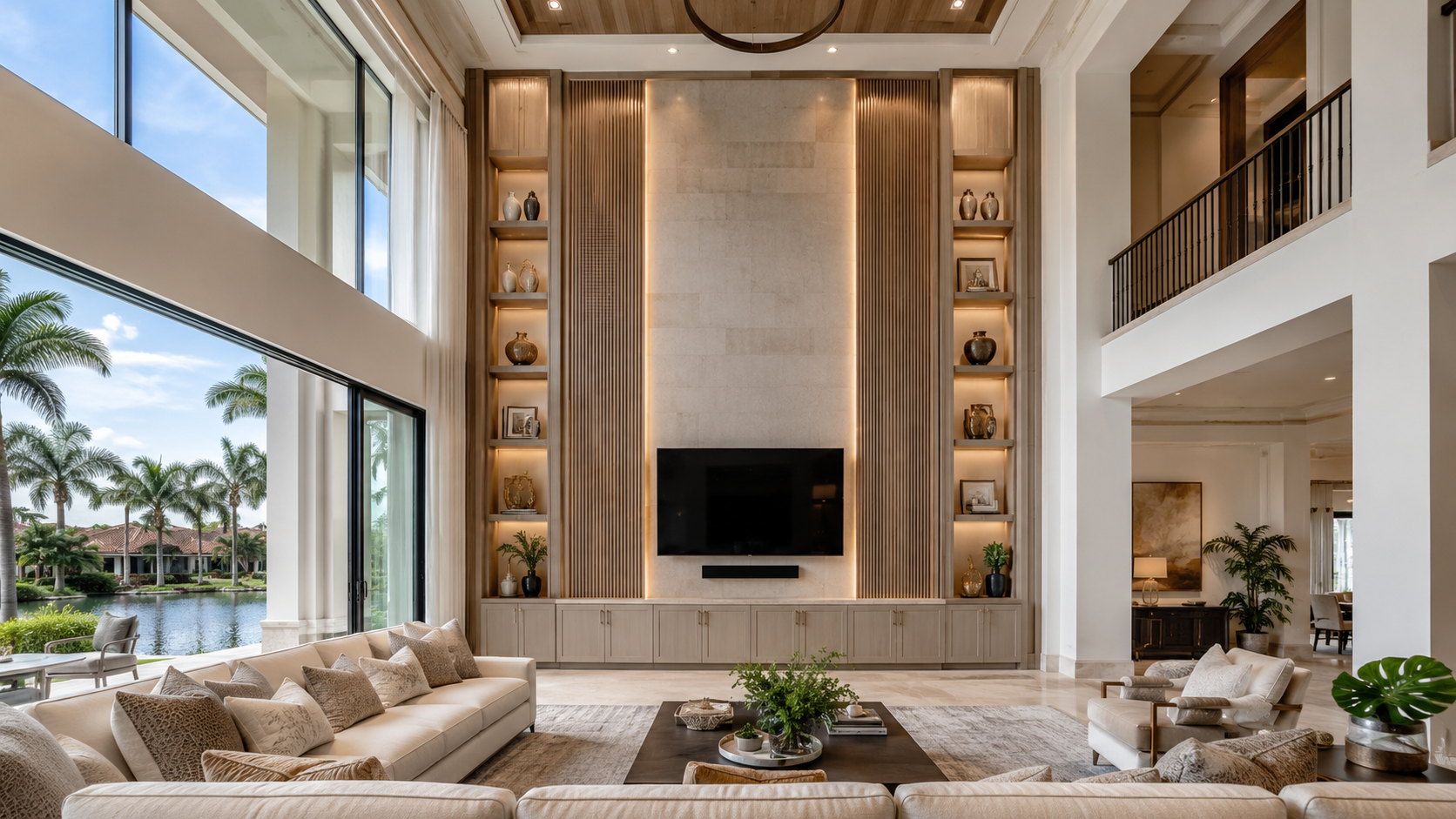Floor-to-Ceiling Media Wall in Tampa Floor-to-ceiling custom TV media wall Tampa FL with tall built-in shelves, lower cabinets, wood accents, and integrated lighting