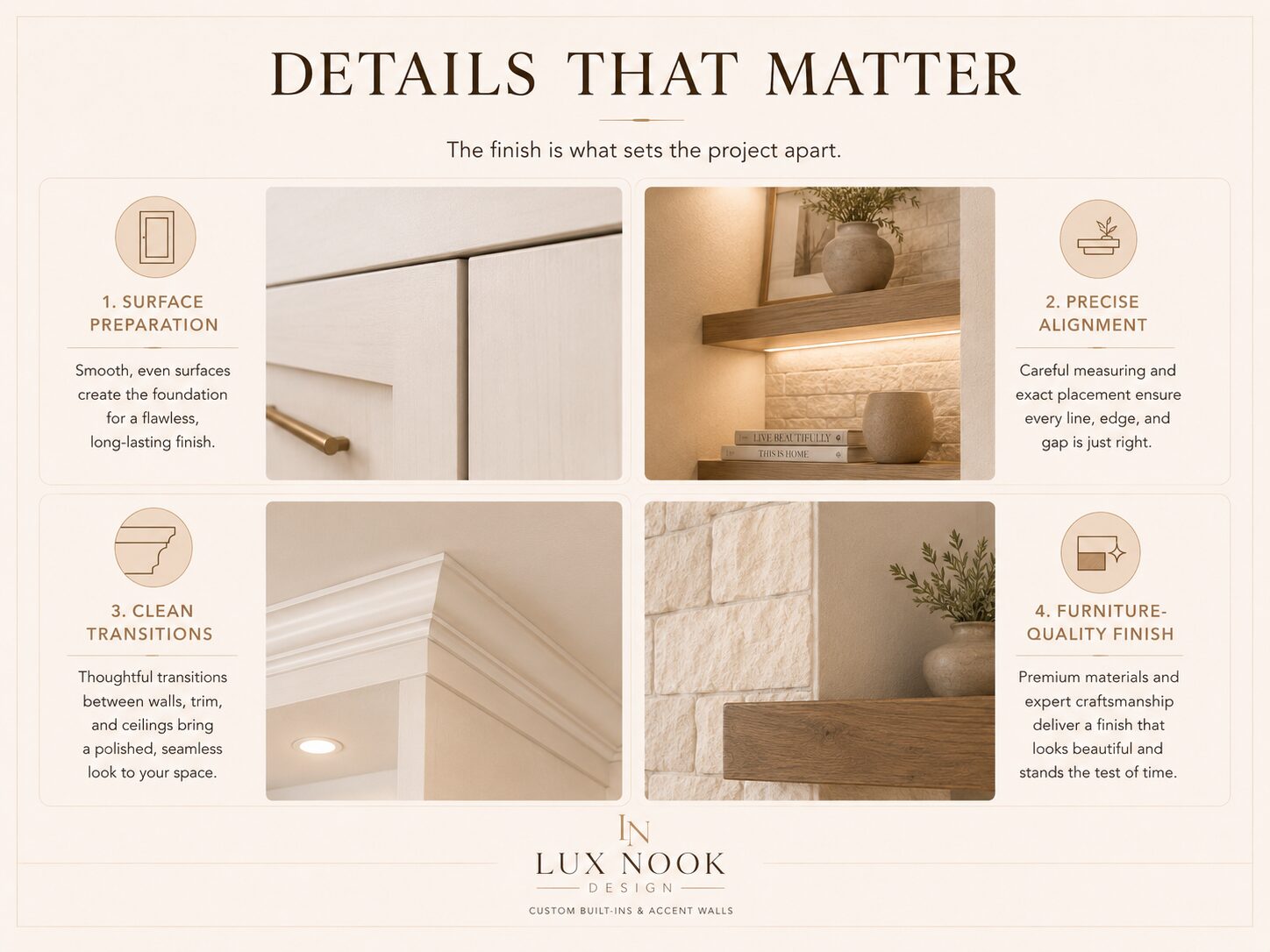 Details That Set the Project Apart Close-up details of clean cabinetry alignment, trim transitions, lighting, and furniture-quality finishes