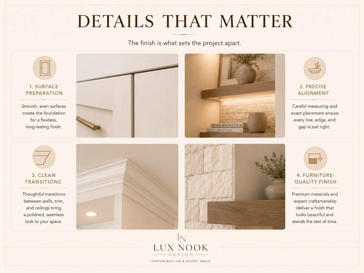 Details that matter board showing surface preparation, precise alignment, clean transitions, and furniture-quality finishes