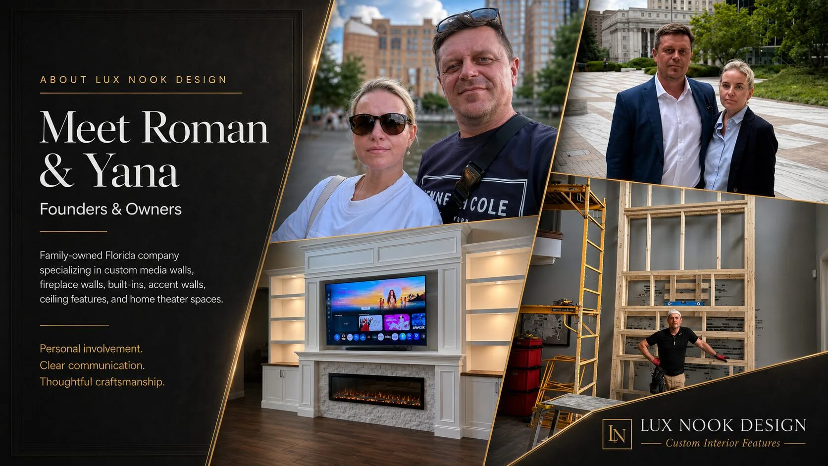 Roman and Yana, founders of Lux Nook Design, with examples of custom fireplace media wall work in Florida