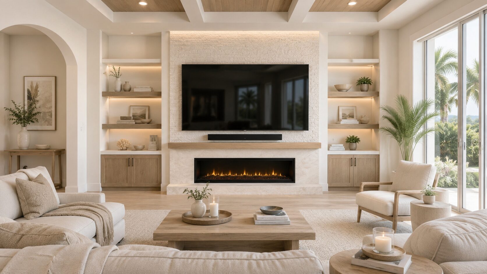 Custom Features Built Around Your Home Custom media wall with fireplace, built-in cabinets, and illuminated shelves in a Florida home