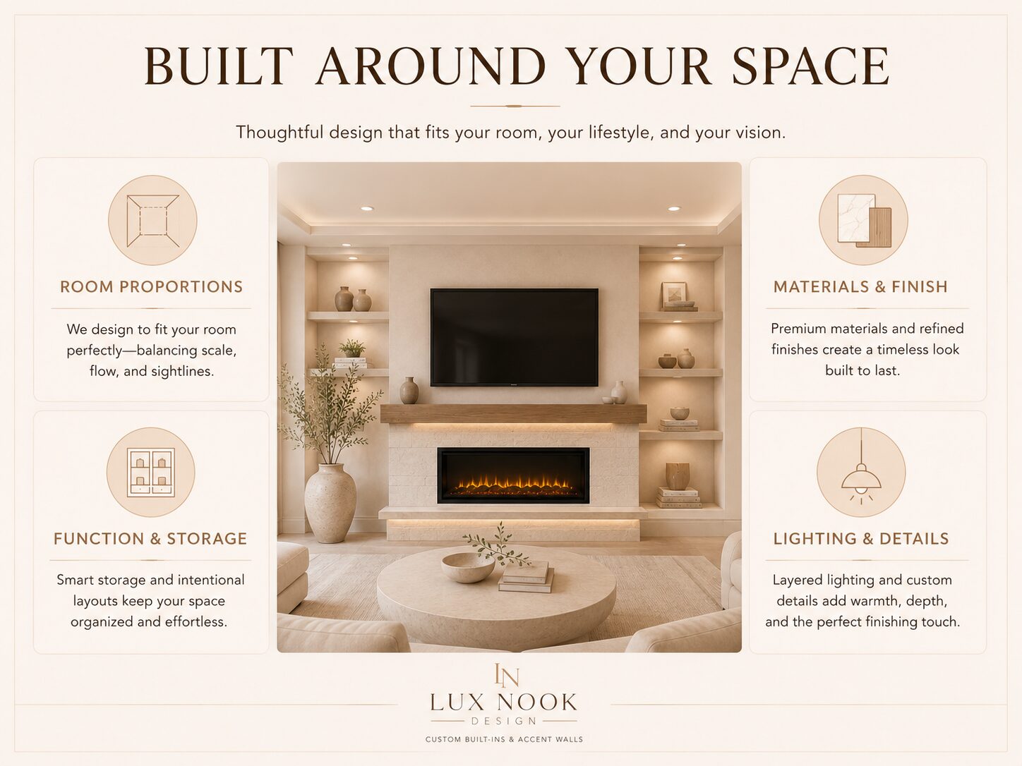 Built Around Your Space Custom wall design planned around room proportions, storage, materials, lighting, and architectural details
