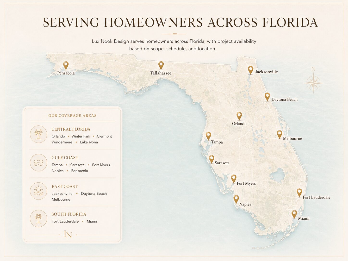 Serving Homeowners Across Florida Florida service area map for Lux Nook Design custom media walls, fireplace walls, and built-in projects