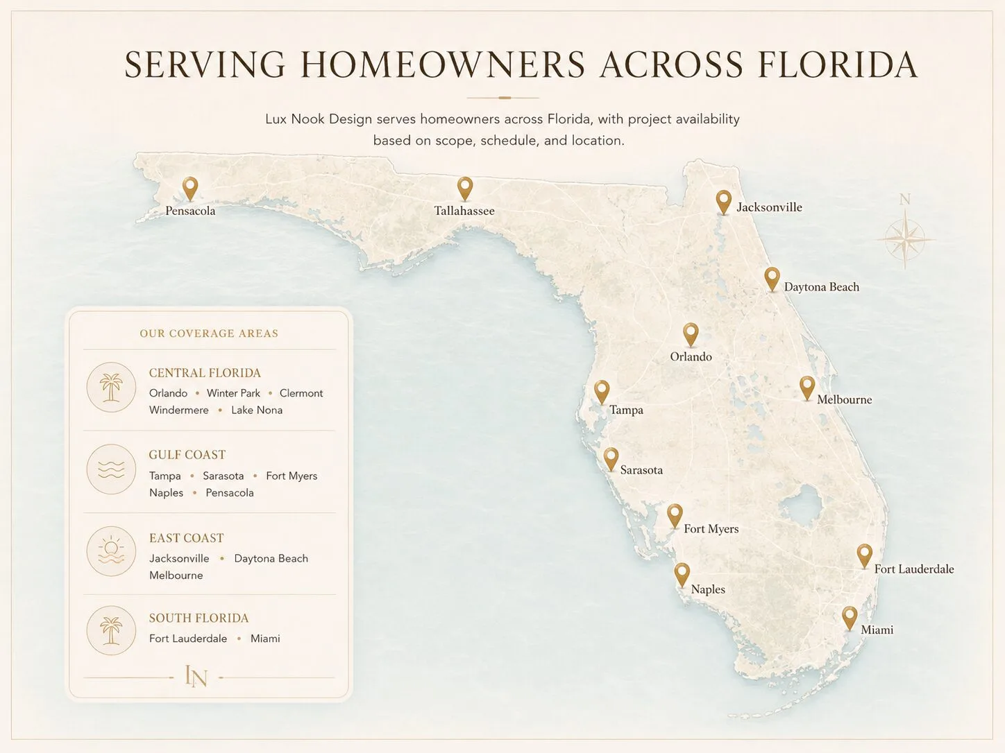 Florida service area map for Lux Nook Design custom media walls, fireplace walls, and built-in projects
