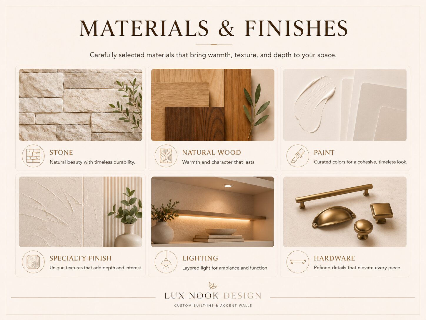 Materials and Finishes for Custom Projects Stone, natural wood, paint, specialty finishes, lighting, and hardware for custom interior projects
