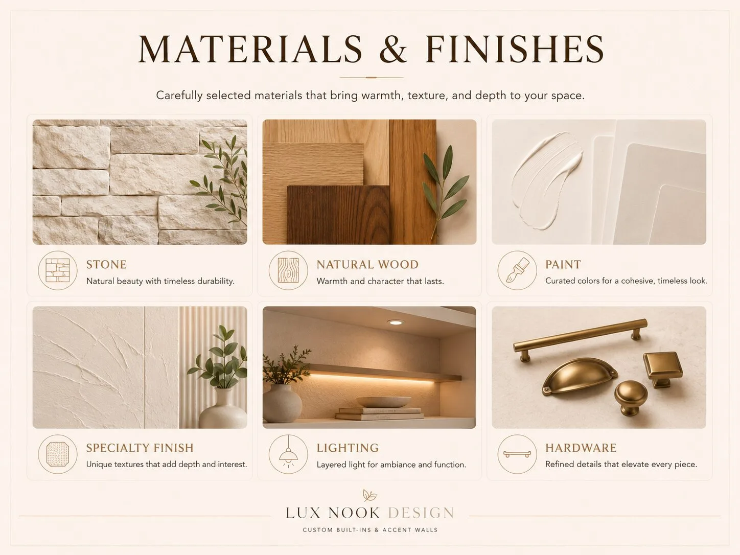 Materials and finishes board showing stone, natural wood, paint, specialty finishes, lighting, and hardware