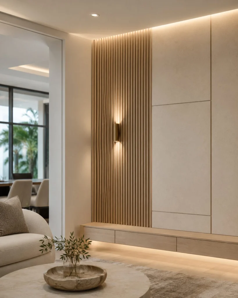 Selection of accent wall finishes and features including limewash, Roman Clay, tile, wood slats, acoustic panels, lighting, and decorative details.